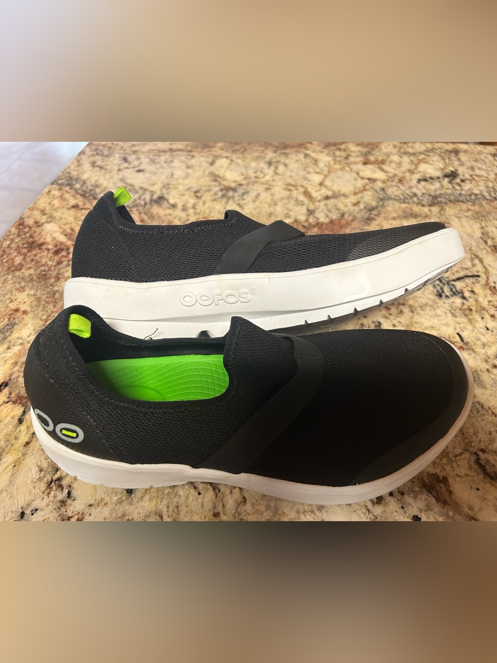 OOFOS OOmg Women's Black Slip-On Comfort Sneakers Shoes with Bright Green Insole